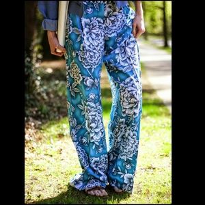 Worthington Blue Floral Wide Leg Pants Trousers